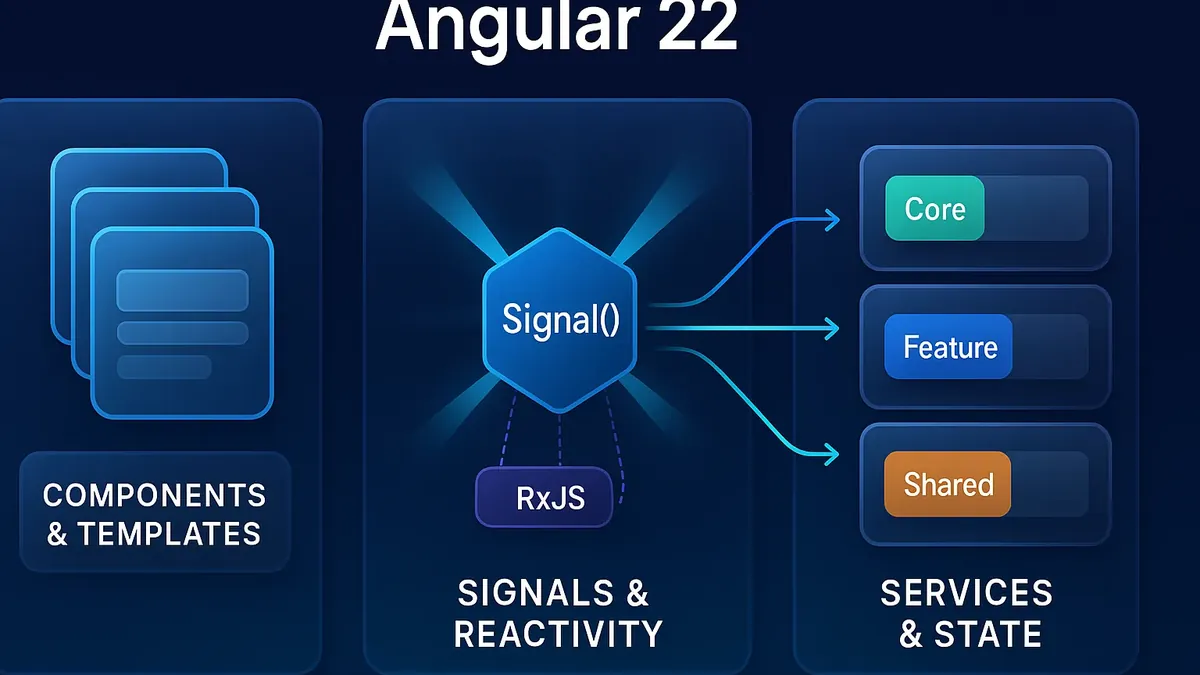 Diagrama da arquitetura Angular 22 com Components & Templates, Signals & Reactivity e Services & State