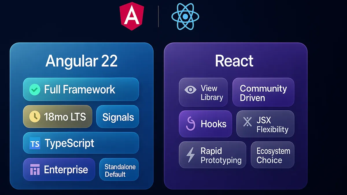 Comparativo visual entre Angular 22 e React destacando framework completo, Signals, TypeScript e ecossistema