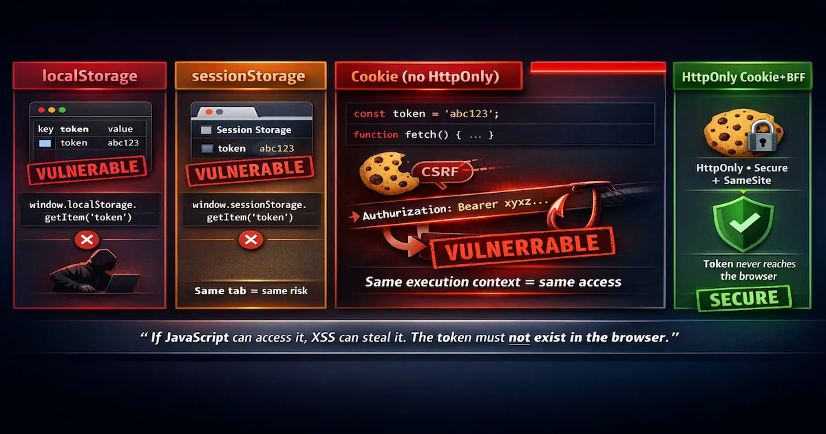Token vulnerável em qualquer armazenamento no browser — localStorage, sessionStorage, cookie sem HttpOnly, variável JavaScript e Web Worker são todos acessíveis via XSS