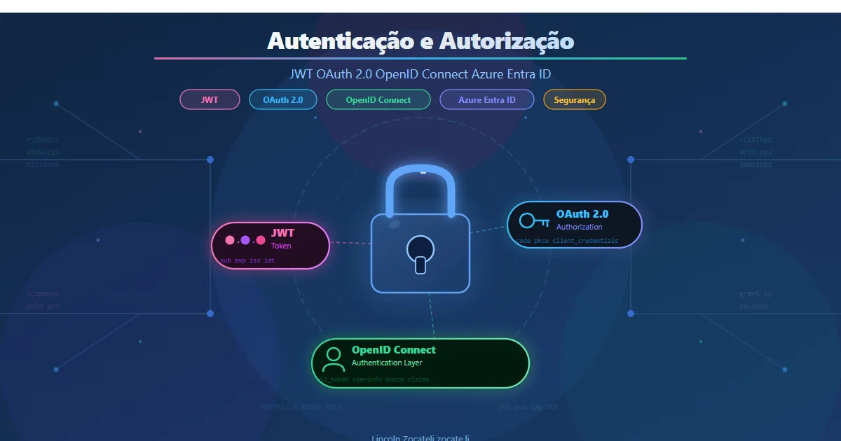 Cadeado digital orbitado por tokens JWT, OAuth 2.0 e OpenID Connect sobre fundo escuro com traços de circuito eletrônico