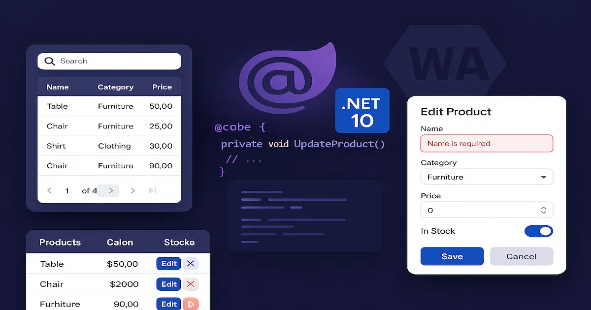 CRUD completo com Blazor WebAssembly e Radzen Blazor mostrando DataGrid de produtos