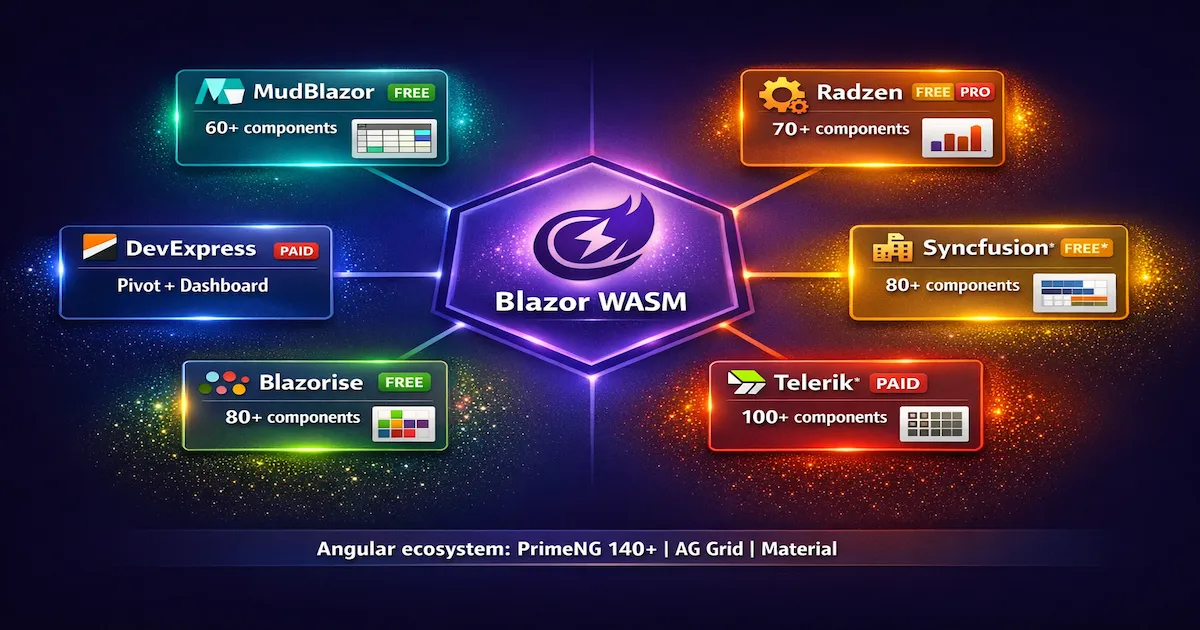 Ecossistema de componentes Blazor em 2026 — MudBlazor, Radzen, Syncfusion, Telerik, Blazorise e DevExpress