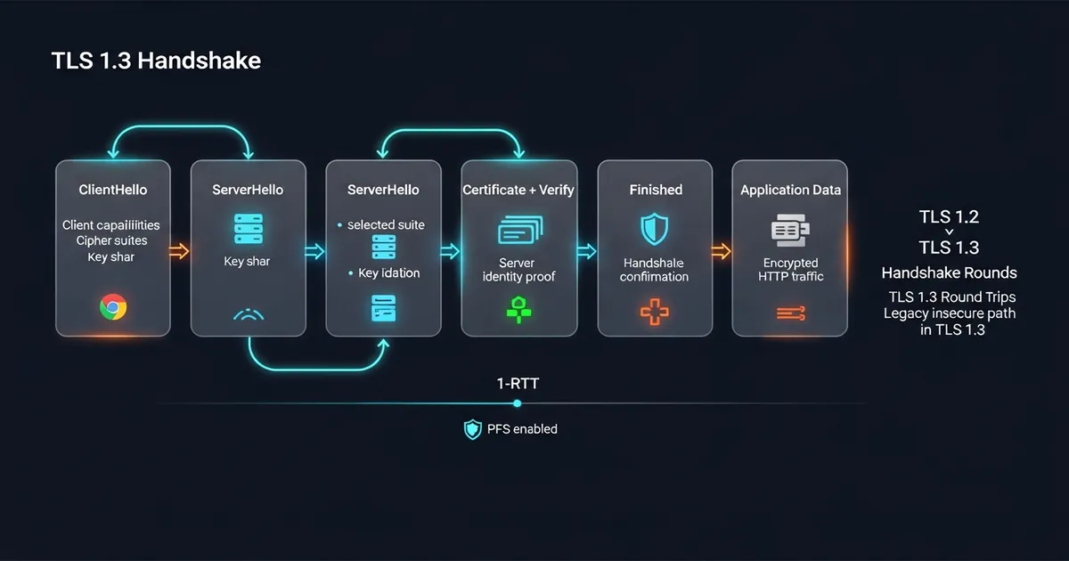 Diagrama do handshake TLS 1.3 entre cliente e servidor com troca de ClientHello, ServerHello, Certificate e Finished