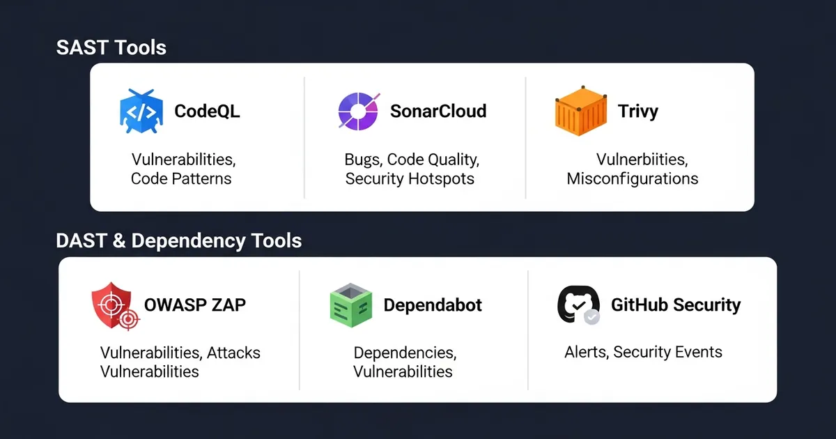 Matriz de ferramentas SAST vs DAST: CodeQL, SonarCloud, Trivy, OWASP ZAP, Dependabot e GitHub Security