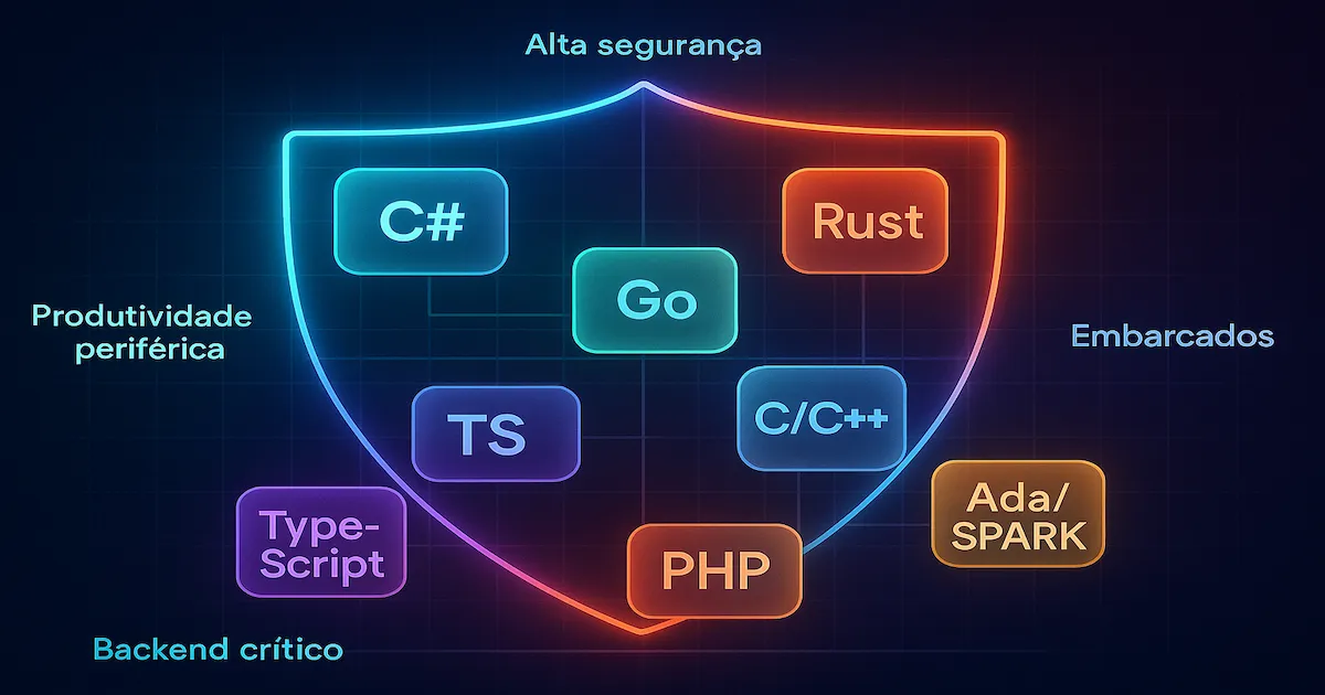 Matriz comparando C#, Java, Go, Rust, C/C++, TypeScript e PHP em backend crítico, embarcados e alta segurança