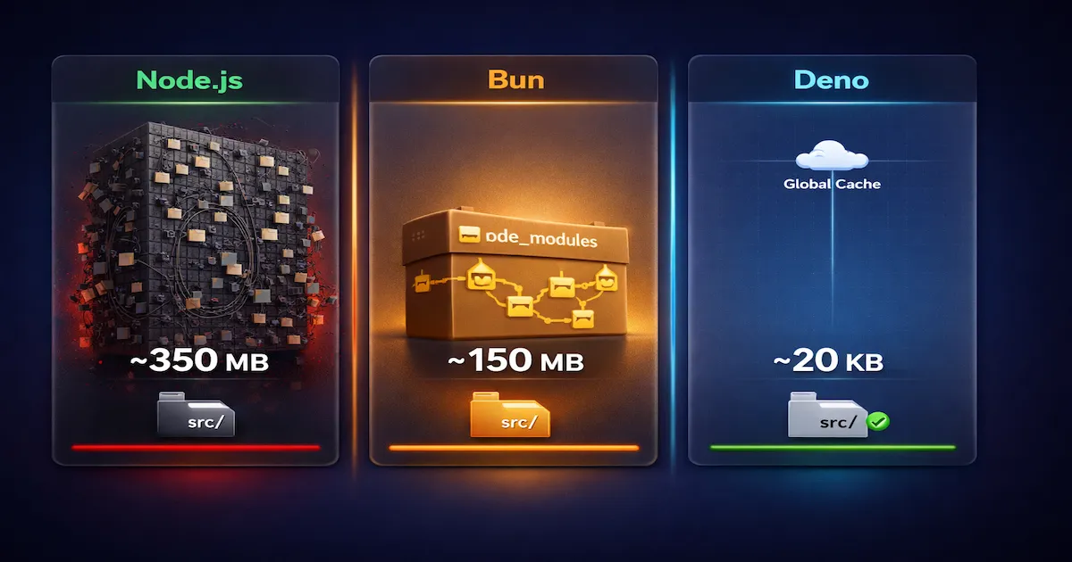 Comparativo visual de estrutura de pastas Node.js vs Bun vs Deno mostrando diferença de tamanho do node_modules