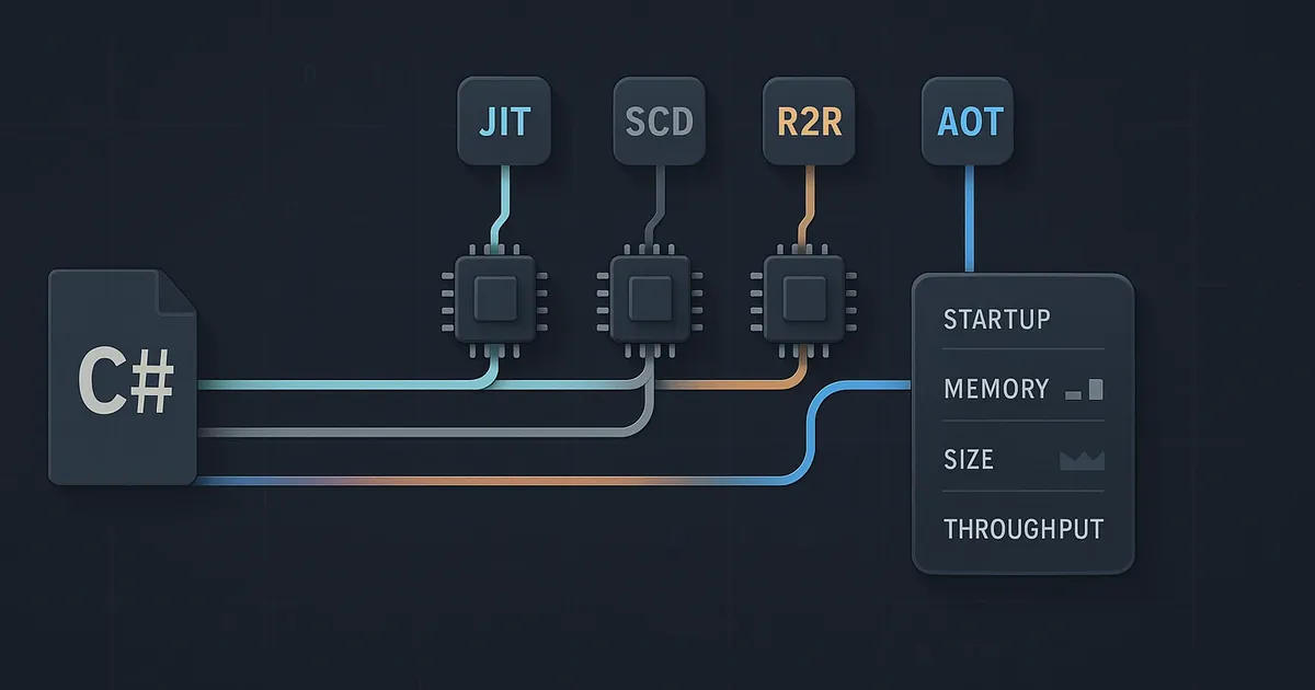 Quatro trilhas JIT, SCD, R2R e Native AOT convergem para métricas de startup, memória, tamanho e throughput