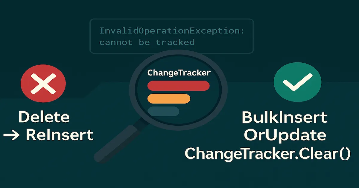 Diagrama do erro clássico de ChangeTracker: Delete → ReInsert causa InvalidOperationException, solução com ChangeTracker.Clear() ou BulkInsertOrUpdate