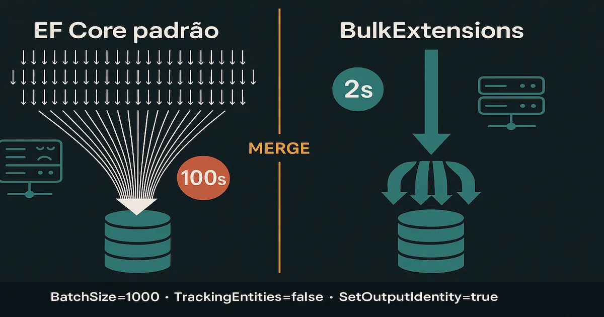 Comparação de performance: EF Core padrão (100s com 10.000 INSERTs individuais) vs BulkExtensions (2s com BatchSize=1000)