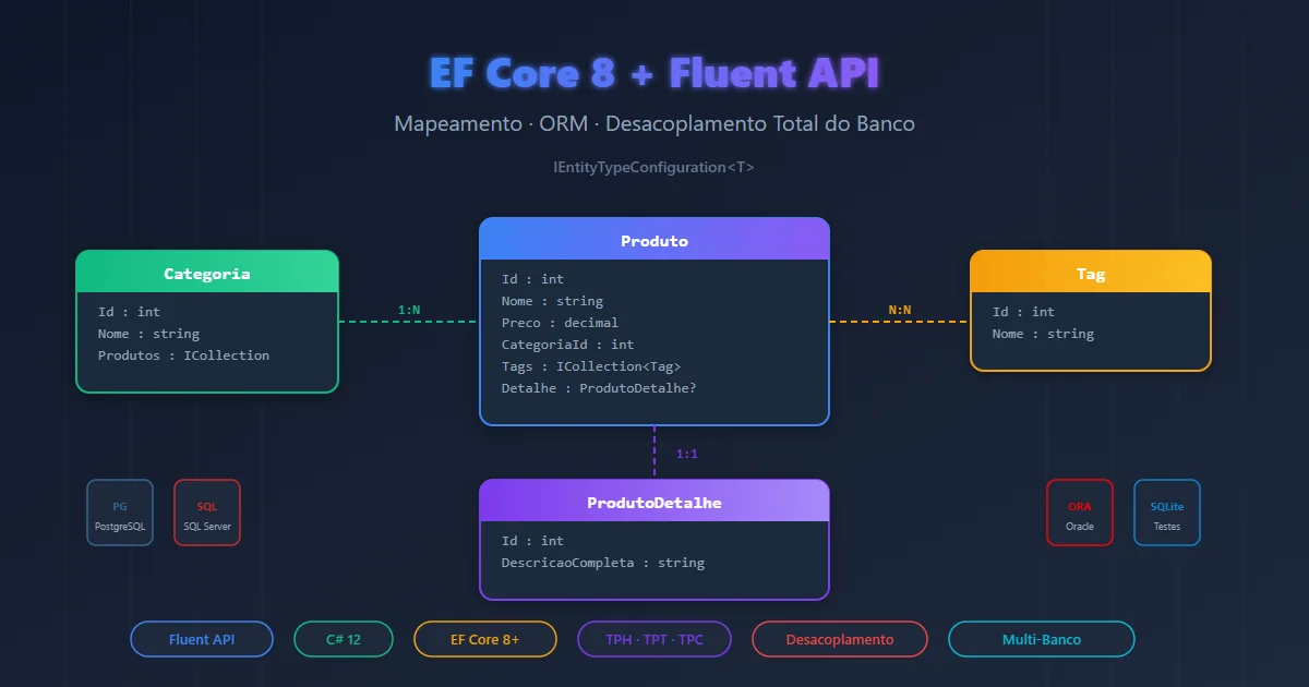 Diagrama de mapeamento de entidades com EF Core 8 Fluent API mostrando relacionamentos e abstração de banco de dados
