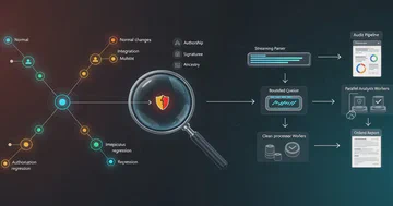 Grafo de Git history para debug e auditoria convergindo em uma lupa e um pipeline