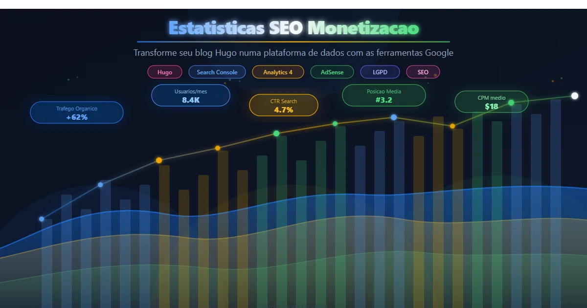 Visualização abstrata de dados e estatísticas representando análise de tráfego, SEO e monetização de um blog