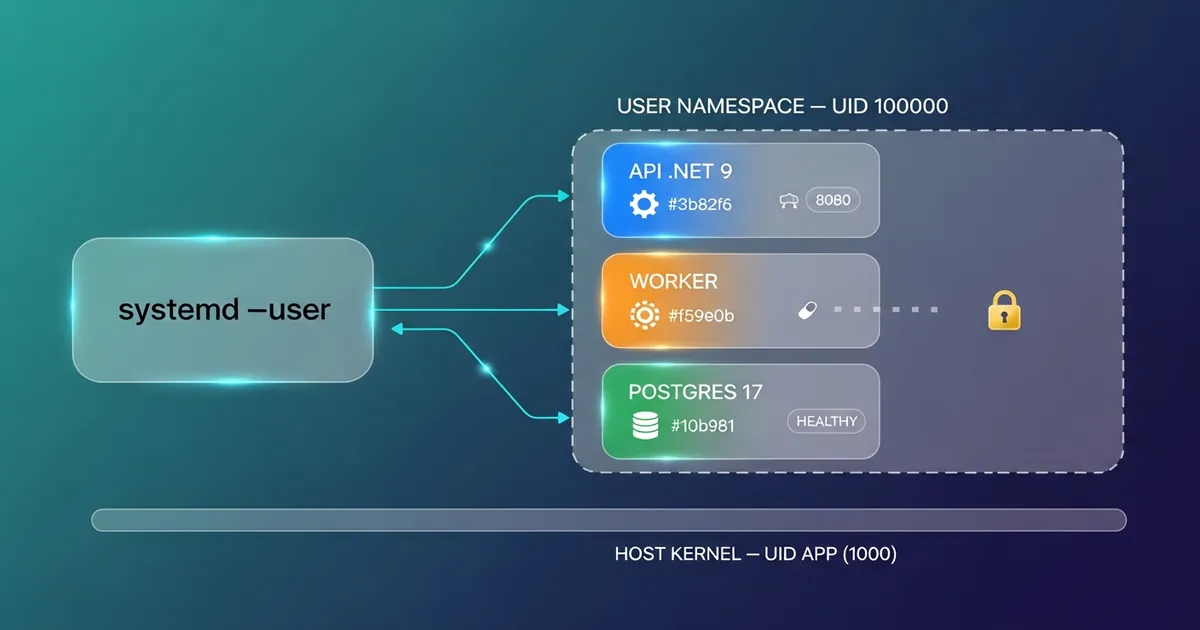 Diagrama de arquitetura Podman rootless com API, worker e Postgres orquestrados por systemd user