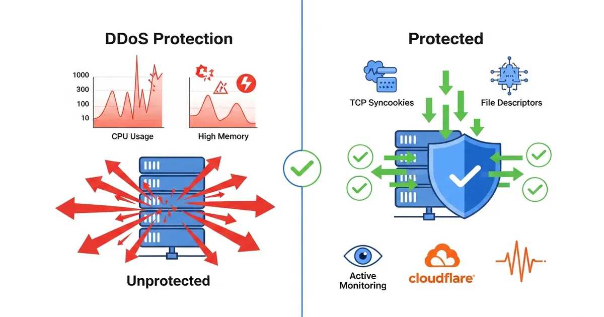 Comparativo: servidor sob DDoS sem proteção versus infraestrutura protegida com as 6 medidas