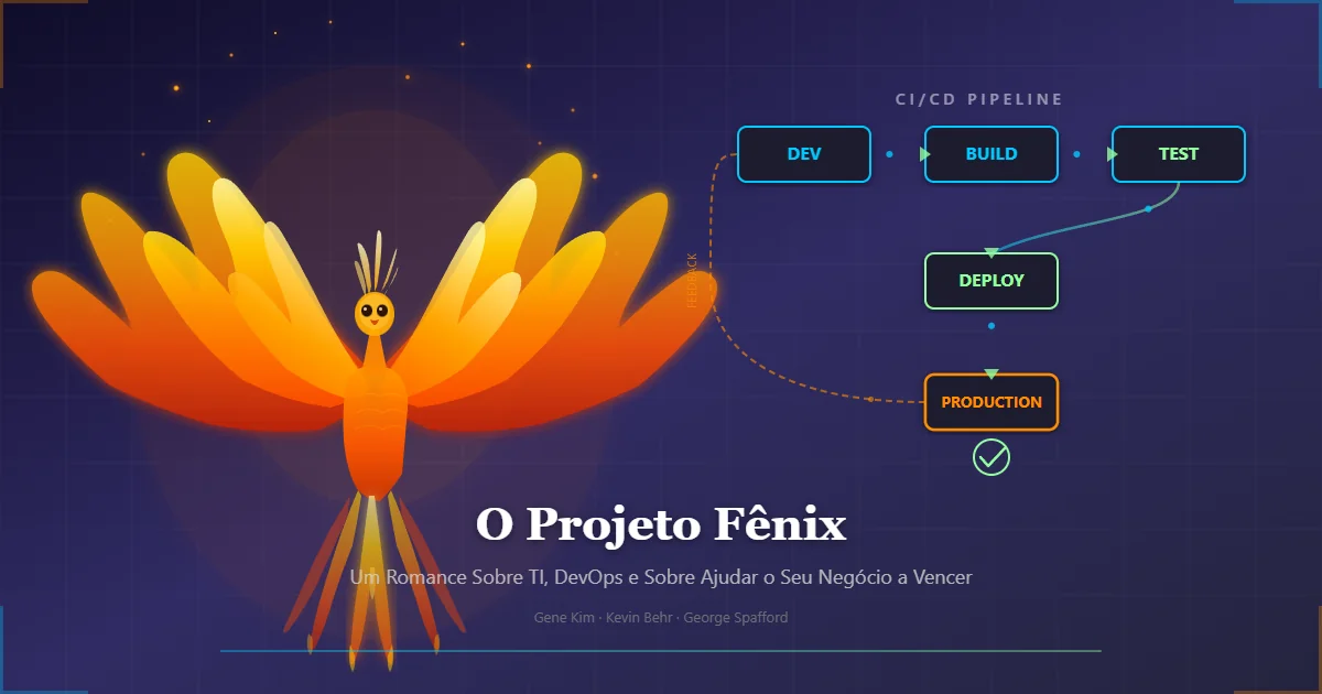 Fênix renascendo ao lado de uma pipeline CI/CD representando o livro O Projeto Fênix de Gene Kim sobre DevOps