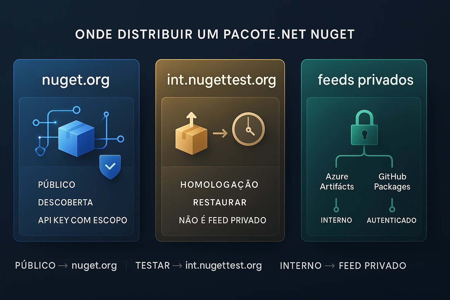 Fluxo de publicação de uma biblioteca .NET com pacotes NuGet, ambiente de teste e feeds privados