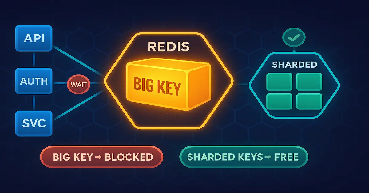 Diagrama mostrando o impacto de chaves grandes no Redis em ambiente compartilhado com múltiplos clientes bloqueados