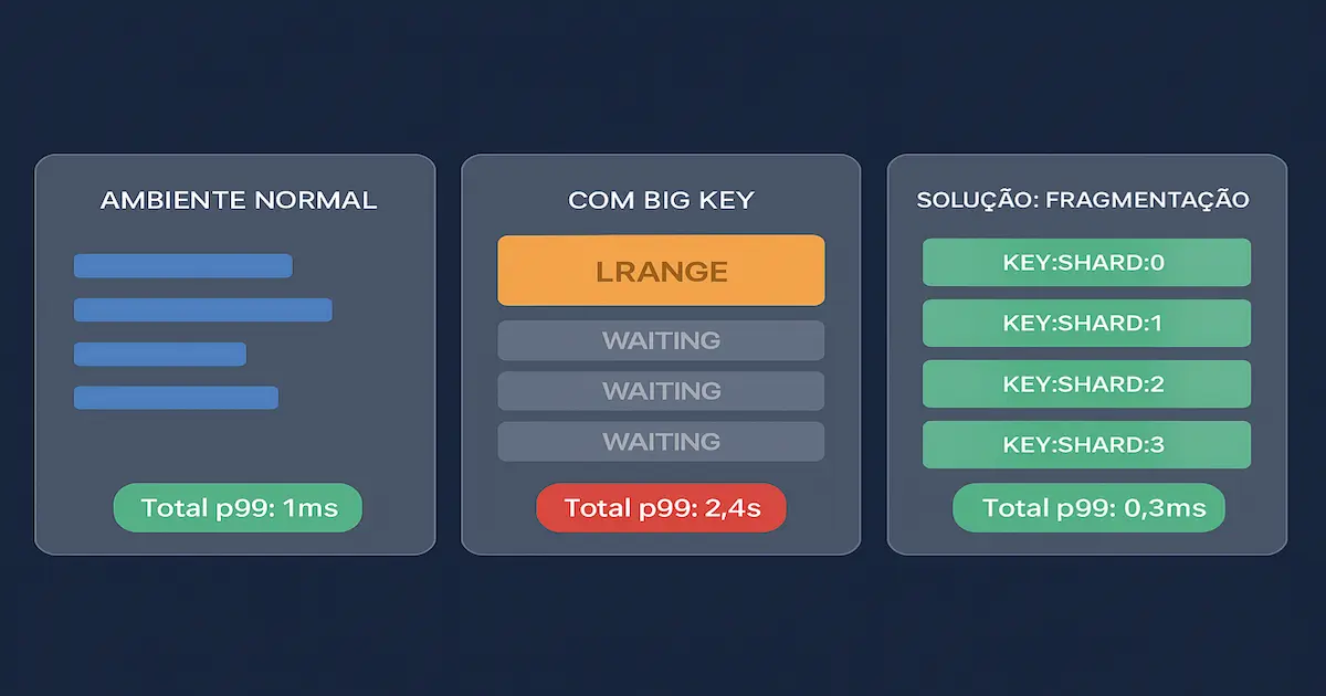 Diagrama de impacto de big keys em ambiente Redis compartilhado com múltiplos serviços bloqueados