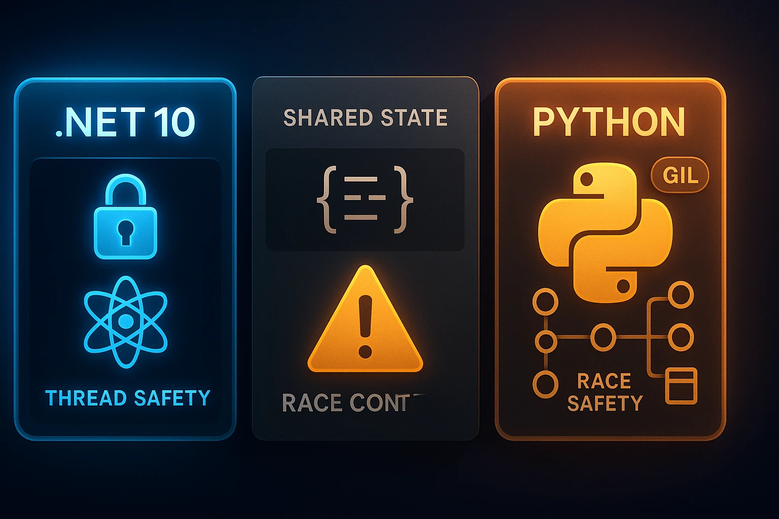 Ilustração comparando concorrência em .NET 10 e Python com threads, GIL e race conditions