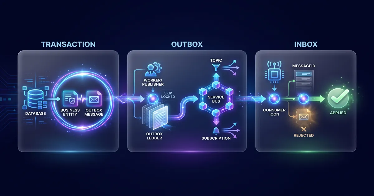 Fluxo do Outbox publicando no Azure Service Bus e do Inbox garantindo idempotência no consumidor